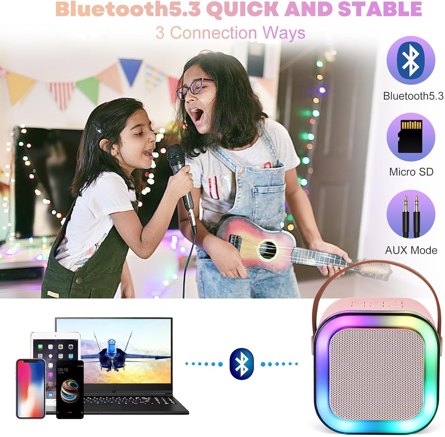 Machine de karaoké pour enfants Fidtoy avec 2 microphones sans fil et haut-parleur Bluetooth portable