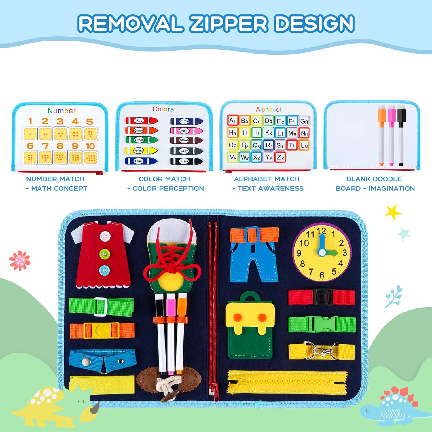 MAMPO Busy Board Juguetes Montessori para Niños de 1 2 3 4 Años, Juguete de Viaje para Niños Pequeños para Aprender Habilidades Básicas con Alfabeto y Juegos de Emparejamiento, Busy Board Portátil Temática de Animales 16 en 1