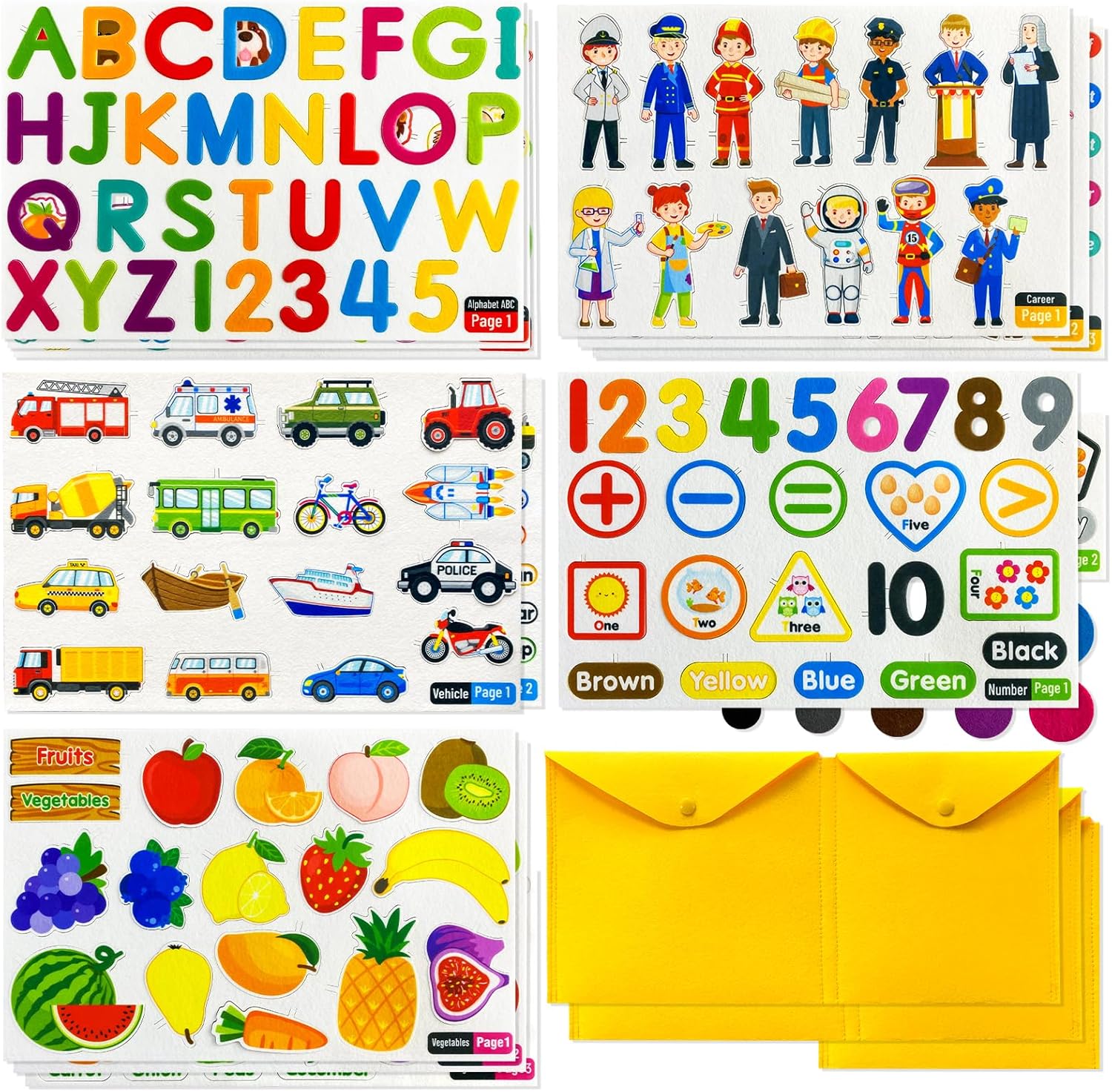 PENGFULL Juego de 5 piezas de aprendizaje de fieltro, letras del alfabeto, frutas y verduras, números, ayudantes de la comunidad, piezas de aprendizaje de transporte, para tabla de franela de fieltro, para niños pequeños de preescolar