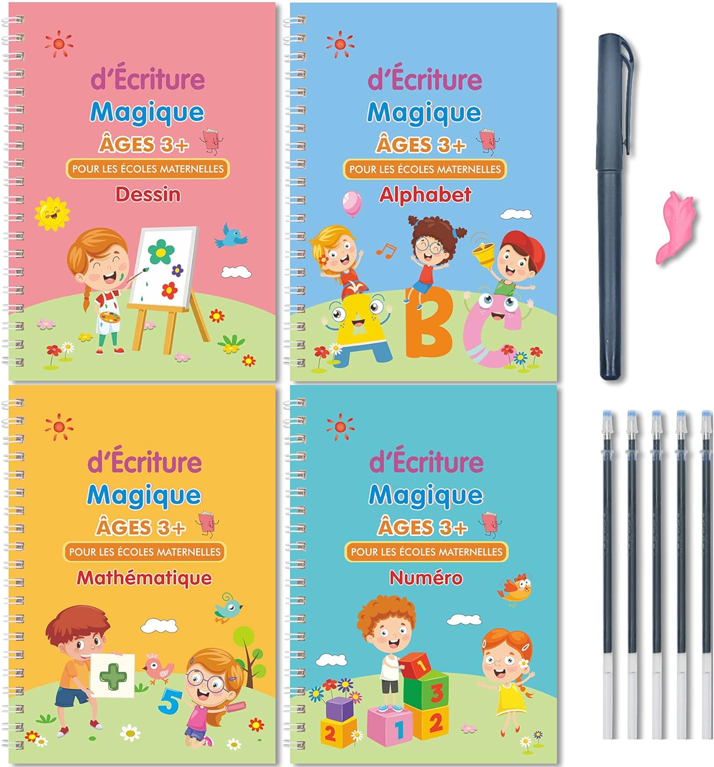 Fidtoy Magic Practice Copybook for Kids – Reusable Handwriting Workbook Set with Grooved Writing Pages, Disappearing Ink Pen, French Writing Practice, and Calligraphy Learning
