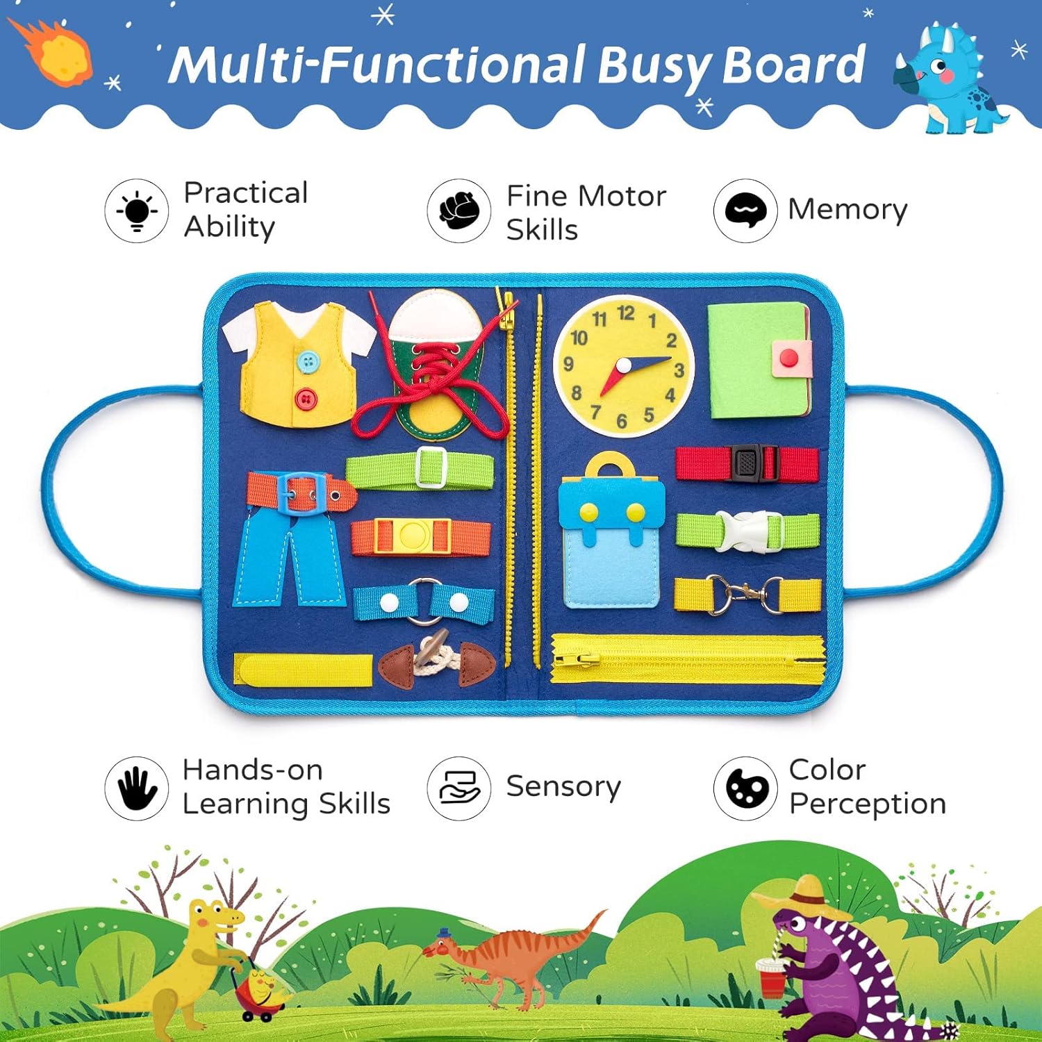 Busy Board Sensory Toys for Toddlers 1 2 3 4, Toddler Travel Activities Educational Toys, Montessori Toys for 1 2 3 4 Year Old Gilrs Boys Gift, Dinosuar