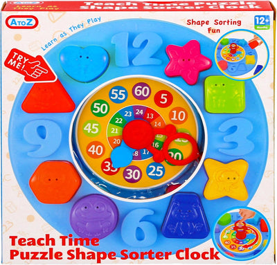 Fidtoy Teach Time Learning Clock Toy for Kids, Plastic Manual Time-Telling Clock with Number Learning and Shape Sorting Activity, 10.24 Inch Educational Toy