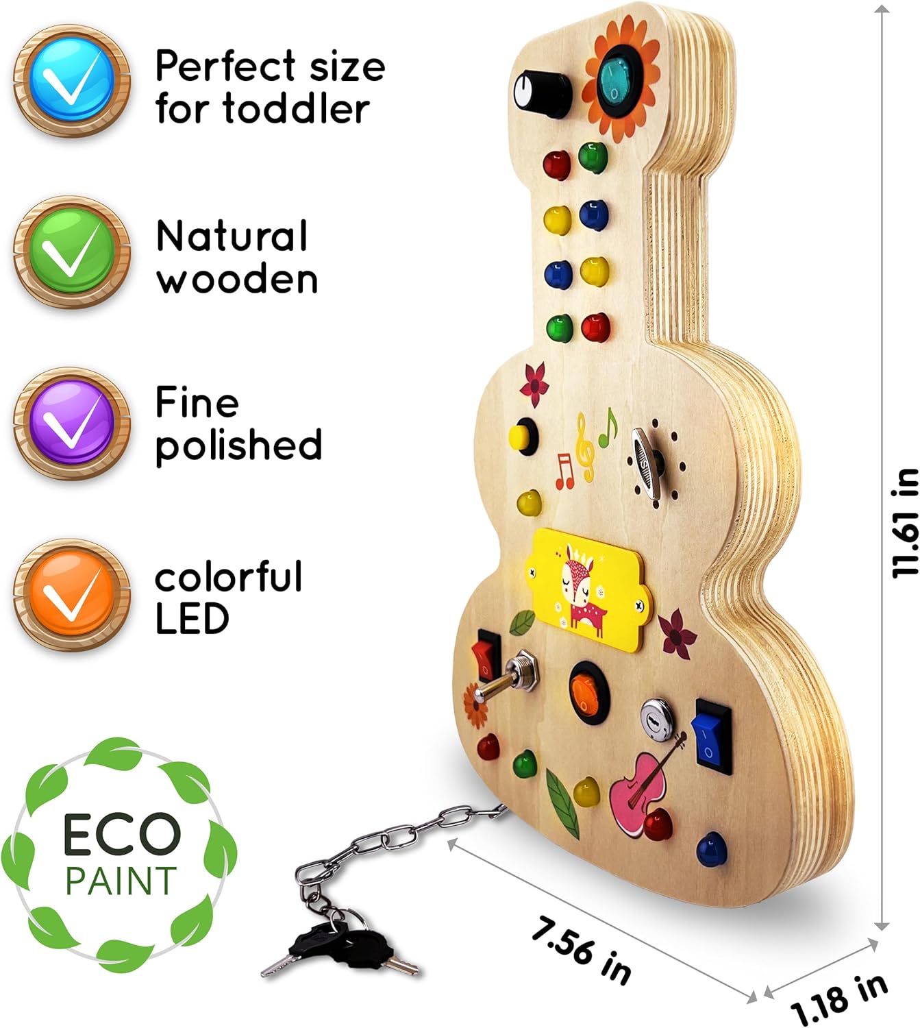 Tabla de Actividades Montessori de Madera Musical para Niños Pequeños de 3 a 5 Años con Girador Mecánico, Bombillas de Colores, Interruptores, Botones - Mejora las Habilidades Sensoriales, Motoras y el Pensamiento Lógico
