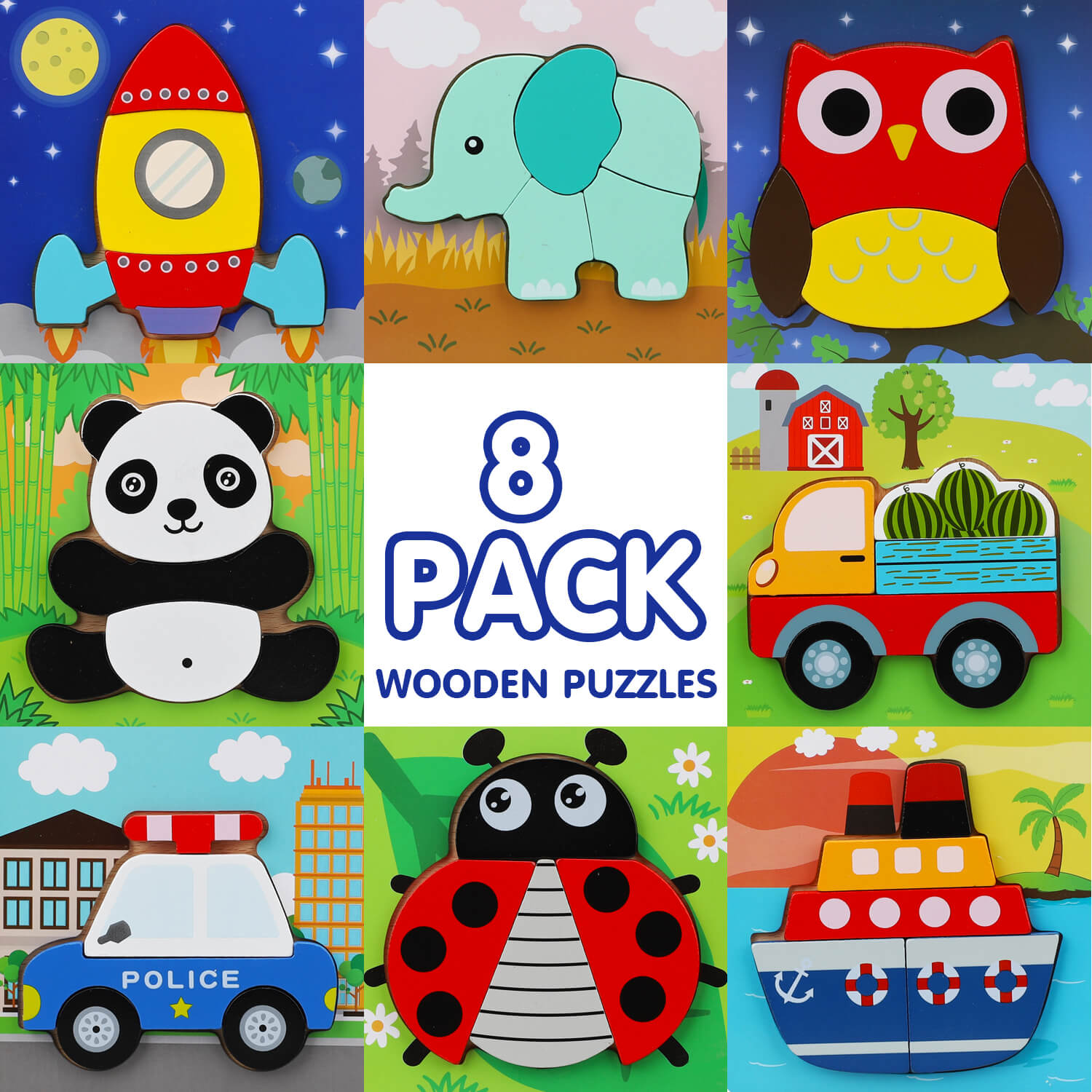 Fidtoy Wooden Shape Puzzle Set for Toddlers 8 Pack Learning Toy