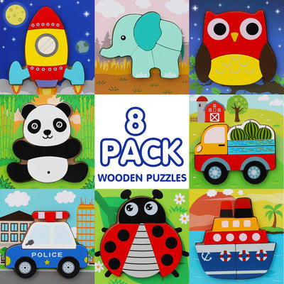 Fidtoy Wooden Shape Puzzle Set for Toddlers 8 Pack Learning Toy