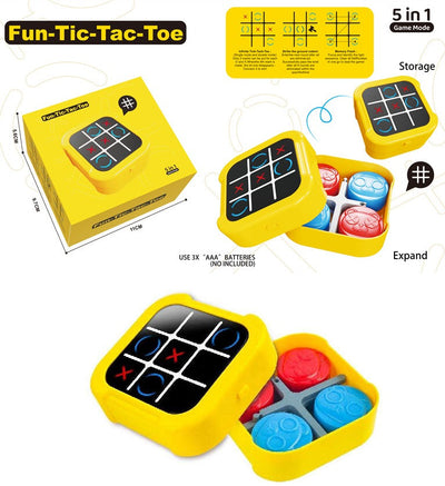 Jeu de société Fidtoy 5-en-1 électronique et tactile, Rechargeable et portable, avec 5 jeux : Puissance 4, Maître de mémoire, Tape-taupe, Jeu de mélodie et Morpion à deux joueurs, pour les 3 ans et plus.