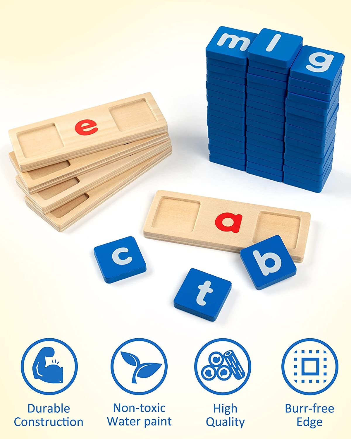 Fidtoy Sight Words Flash Cards Kindergarten Wooden Reading Blocks, 60 Double-Sided CVC Word Cards with Wooden Letter Blocks, Alphabet Spelling Game for Early Reading and Classroom Literacy Play