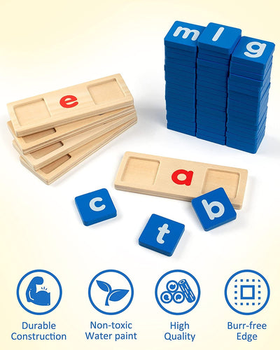 Fidtoy Sight Words Flash Cards Kindergarten Wooden Reading Blocks, 60 Double-Sided CVC Word Cards with Wooden Letter Blocks, Alphabet Spelling Game for Early Reading and Classroom Literacy Play