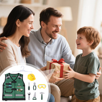 Ensemble de déguisement de construction pour jeu de rôle – Gilet de constructeur réaliste, casque de sécurité, outils et accessoires de jouet – Kit de jeu de simulation STEM pour garçons et filles de 3 ans et plus – Cadeau déguisement