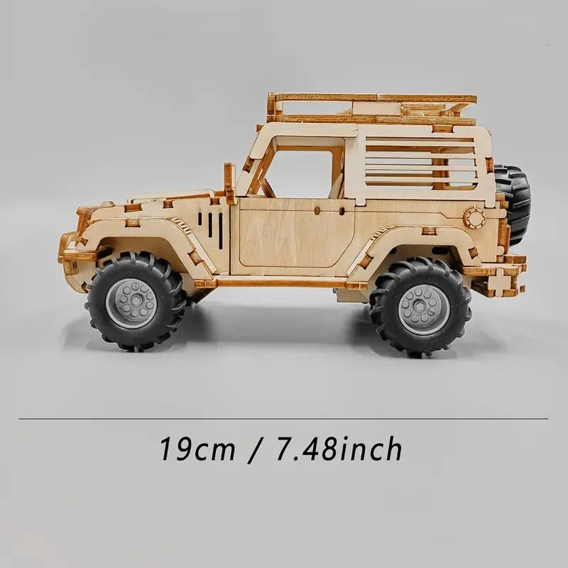 Fidtoy 3D Wooden Mechanical Jeep Pull Back Puzzle 125 Pieces, Wooden SUV Model Building Kit for Teens Adults Beginners Ages 14+