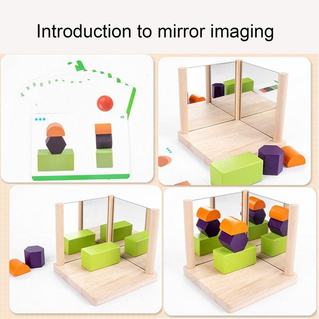 Fidtoy Mirror Wooden 3D Shape Pattern Blocks Montessori Geometry Puzzle Toy for Kids Spatial Learning Play