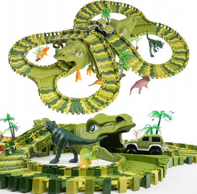 Fidtoy Circuit de course de dinosaures pour enfants – Piste jurassique flexible avec voiture dinosaure motorisée, boucle à 360°, pont, figurines de dinosaures et jeu de construction créatif
