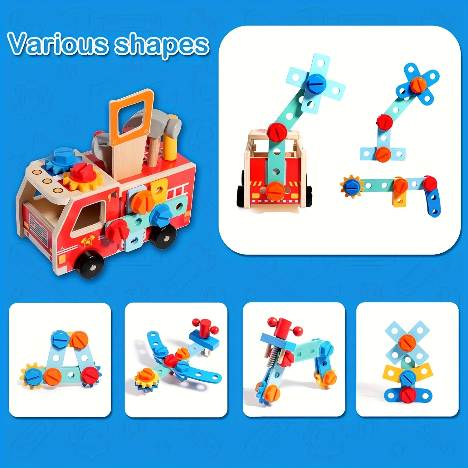Fidtoy Camion de pompier en bois à assembler | Apprentissage STEM et jeu d'imitation pour les tout-petits