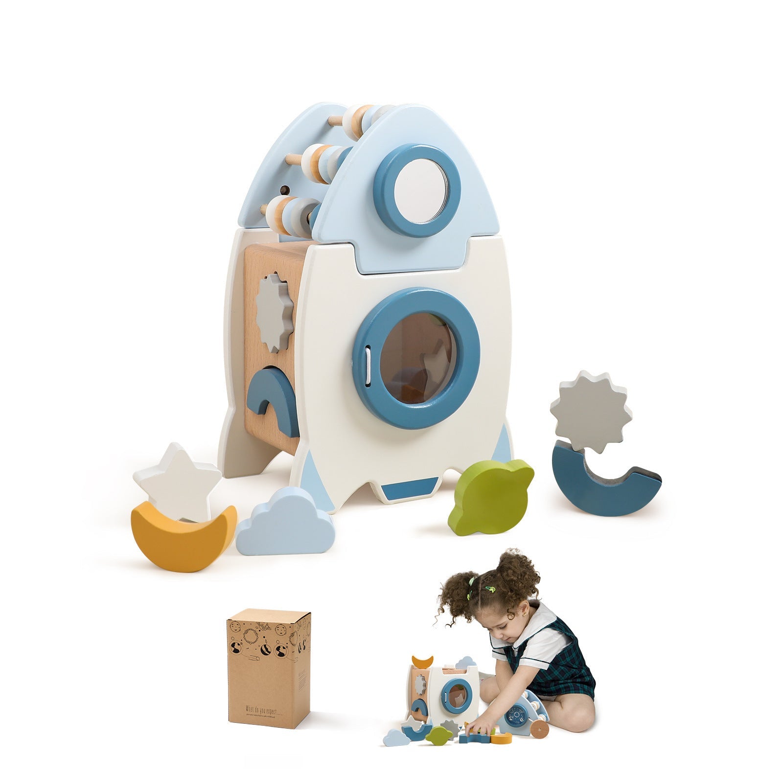 Cubo de actividades Fidtoy Rocket Juguete de madera Montessori para niños pequeños