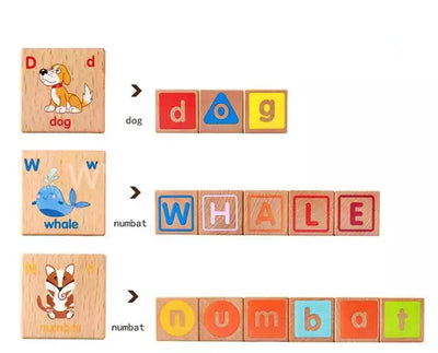 Fidtoy Blocs ABC en bois pour tout-petits, 26 pièces, alphabet avec lettres majuscules et minuscules, images, couleurs et sac de rangement, à partir de 24 mois