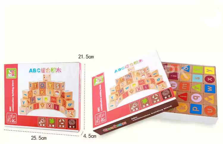 Fidtoy Blocs ABC en bois pour tout-petits, 26 pièces, alphabet avec lettres majuscules et minuscules, images, couleurs et sac de rangement, à partir de 24 mois