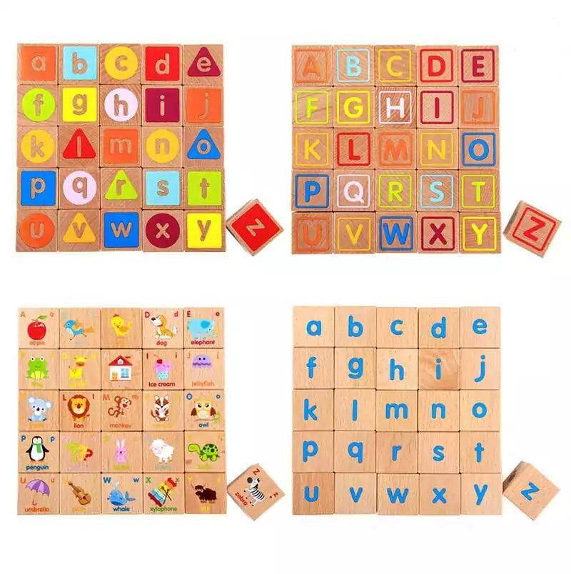 Fidtoy Blocs ABC en bois pour tout-petits, 26 pièces, alphabet avec lettres majuscules et minuscules, images, couleurs et sac de rangement, à partir de 24 mois