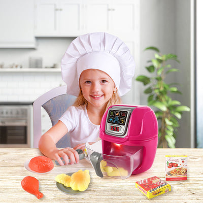 Juego de juguete freidora de aire rosa para juego de simulación, máquina de cocina, juego de rol con platos, accesorios de comida de juguete, pinzas para servir comida
