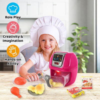Juego de juguete freidora de aire rosa para juego de simulación, máquina de cocina, juego de rol con platos, accesorios de comida de juguete, pinzas para servir comida