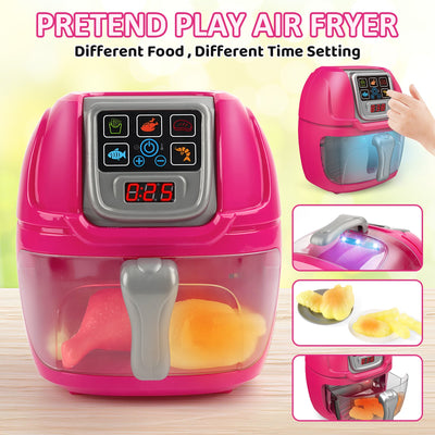 Juego de juguete freidora de aire rosa para juego de simulación, máquina de cocina, juego de rol con platos, accesorios de comida de juguete, pinzas para servir comida