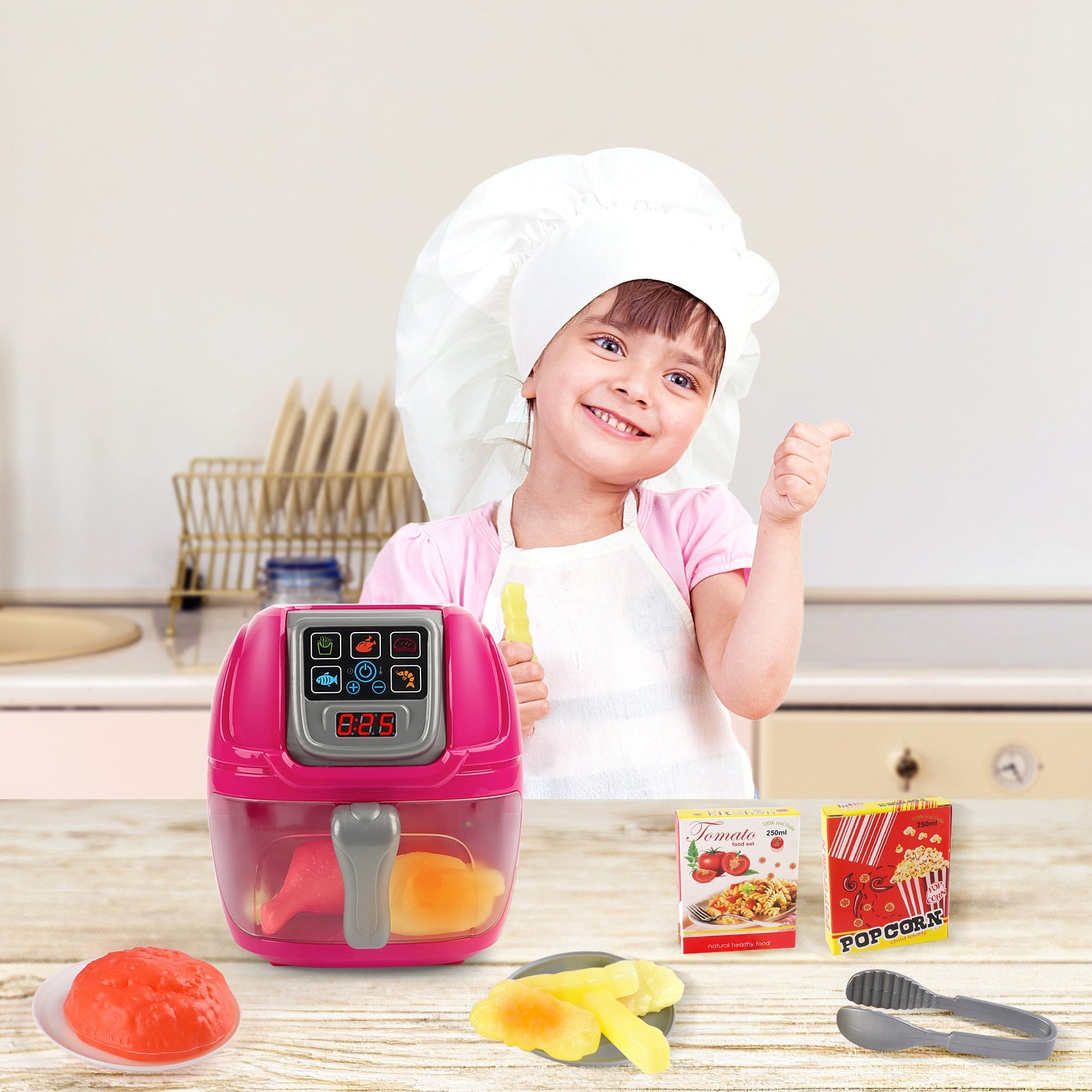 Juego de juguete freidora de aire rosa para juego de simulación, máquina de cocina, juego de rol con platos, accesorios de comida de juguete, pinzas para servir comida