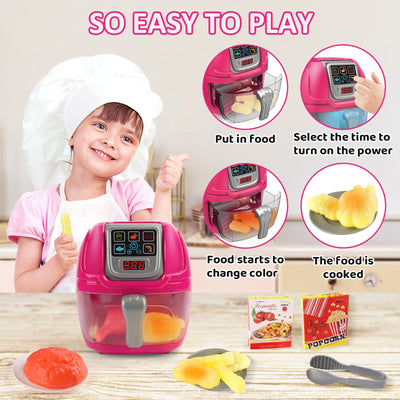 Juego de juguete freidora de aire rosa para juego de simulación, máquina de cocina, juego de rol con platos, accesorios de comida de juguete, pinzas para servir comida