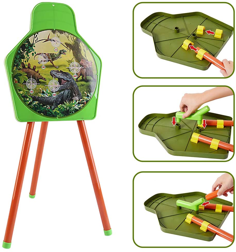 Dinosaur Themed Bow and Arrow Shooting Archery Set with Bow Suction Top Arrows Quiver Target Stand Outdoor Garden Game for Kids