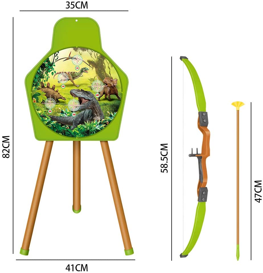 Juego de tiro con arco con temática de dinosaurios con arco, flechas con ventosa, carcaj, soporte de diana, juego de jardín para niños