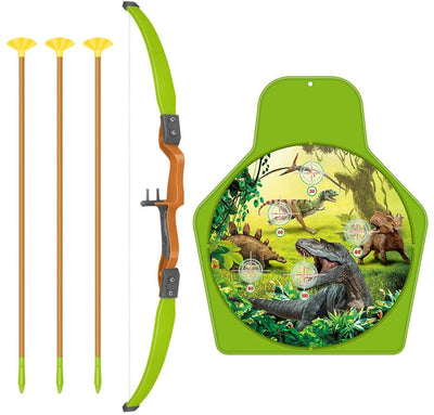 Juego de tiro con arco con temática de dinosaurios con arco, flechas con ventosa, carcaj, soporte de diana, juego de jardín para niños