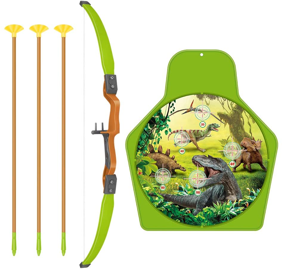 Juego de tiro con arco con temática de dinosaurios con arco, flechas con ventosa, carcaj, soporte de diana, juego de jardín para niños