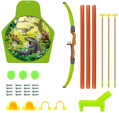 Juego de tiro con arco con temática de dinosaurios con arco, flechas con ventosa, carcaj, soporte de diana, juego de jardín para niños