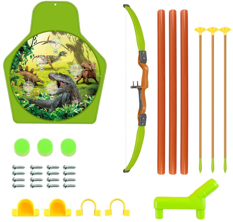 Juego de tiro con arco con temática de dinosaurios con arco, flechas con ventosa, carcaj, soporte de diana, juego de jardín para niños