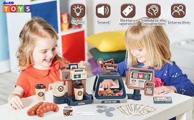 Cuisine d'imitation Jeu de café de magasin pour tout-petits, set de jeu machine à café et dessert, jouet de caisse enregistreuse pour enfants de 3 ans et plus