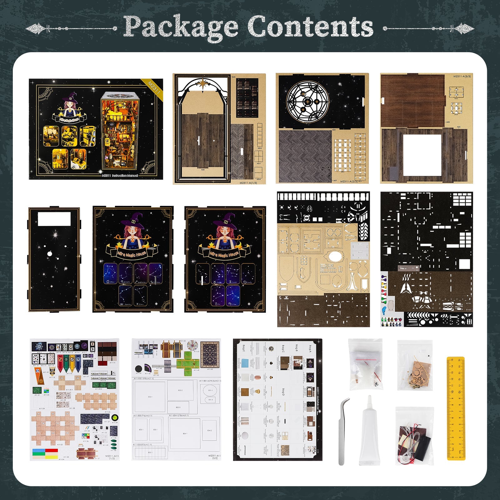 Kit de serre-livres en bois 3D à assembler soi-même, micro-scène, librairie magique, avec LED