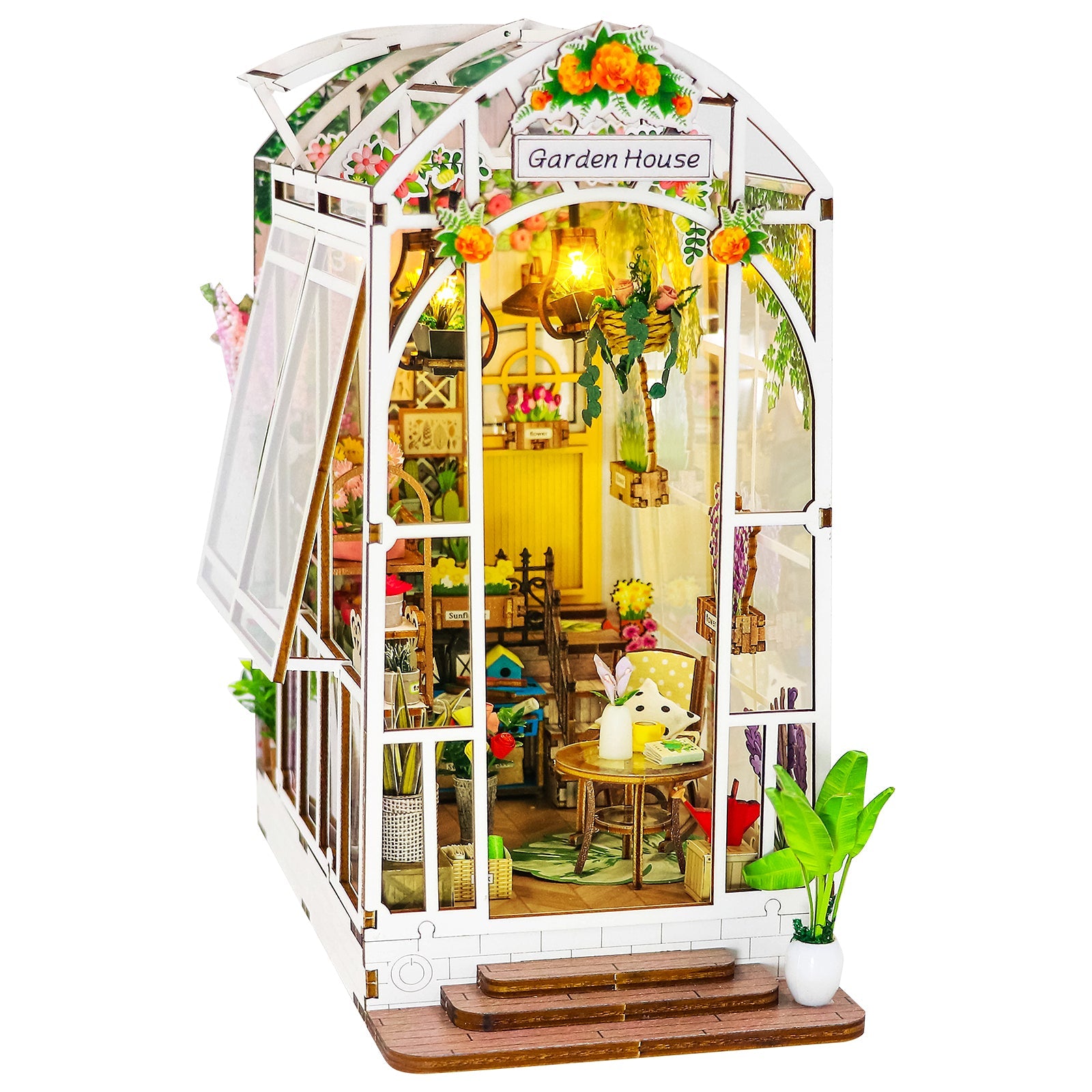Kit de Casa de Jardín en Miniatura de Madera DIY Escenario 3D Puzzle de Madera Sujetalibros Estantería con Decoración LED Regalo