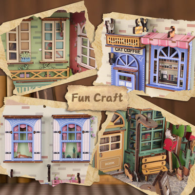 Kit de coin de livre à monter soi-même, maison de poupée miniature, serre-livre décoratif pour étagère, modèle de serre-livre en bois (modèle Rue et Chat)