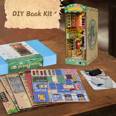 Kit de coin de livre à monter soi-même, maison de poupée miniature, serre-livre décoratif pour étagère, modèle de serre-livre en bois (modèle Rue et Chat)