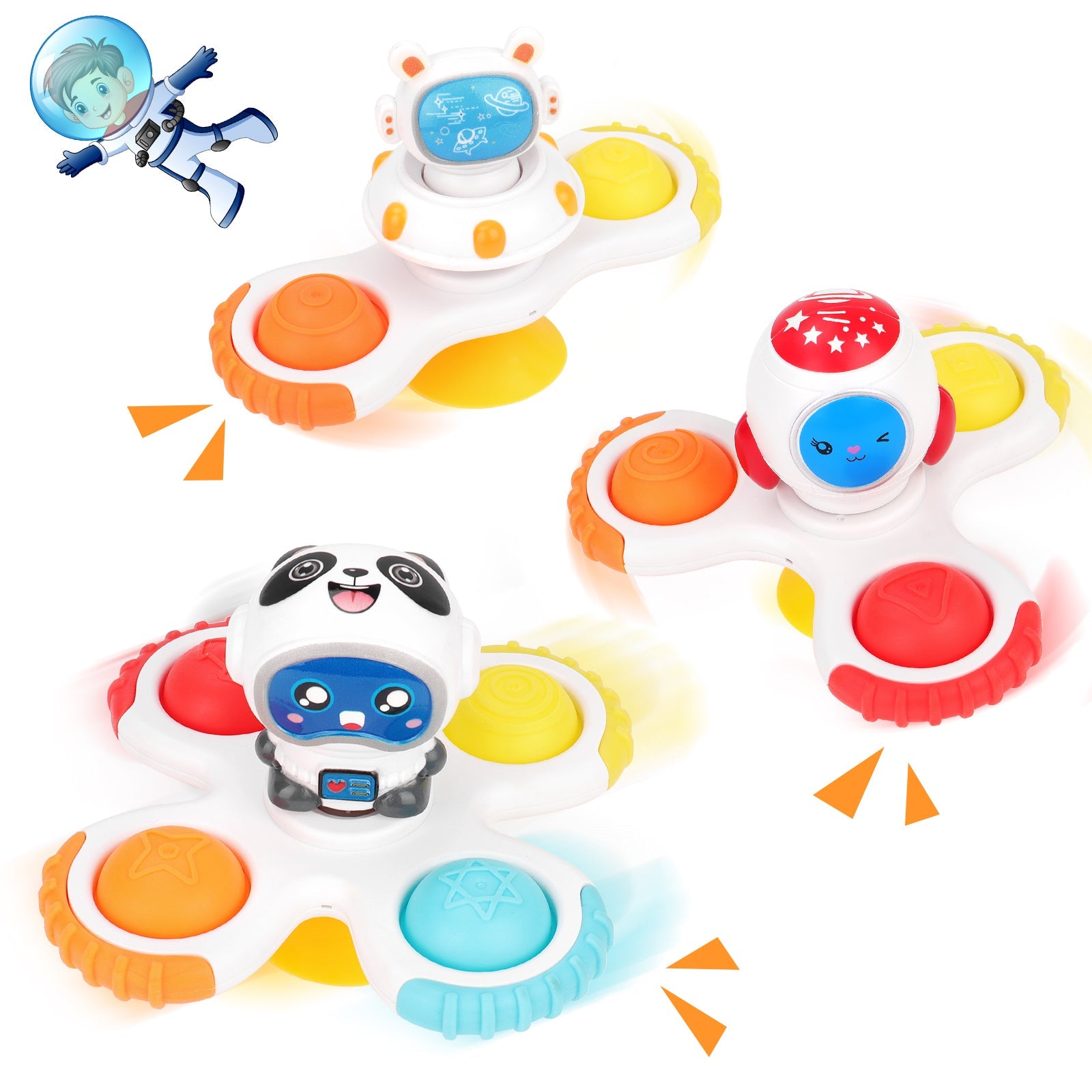 Juguetes de mano giratorios de 3 piezas con ventosa, juguetes Fidget Spinner para niños con ventosa, juguete sensorial interactivo Pop Up para bebé, juguete de baño
