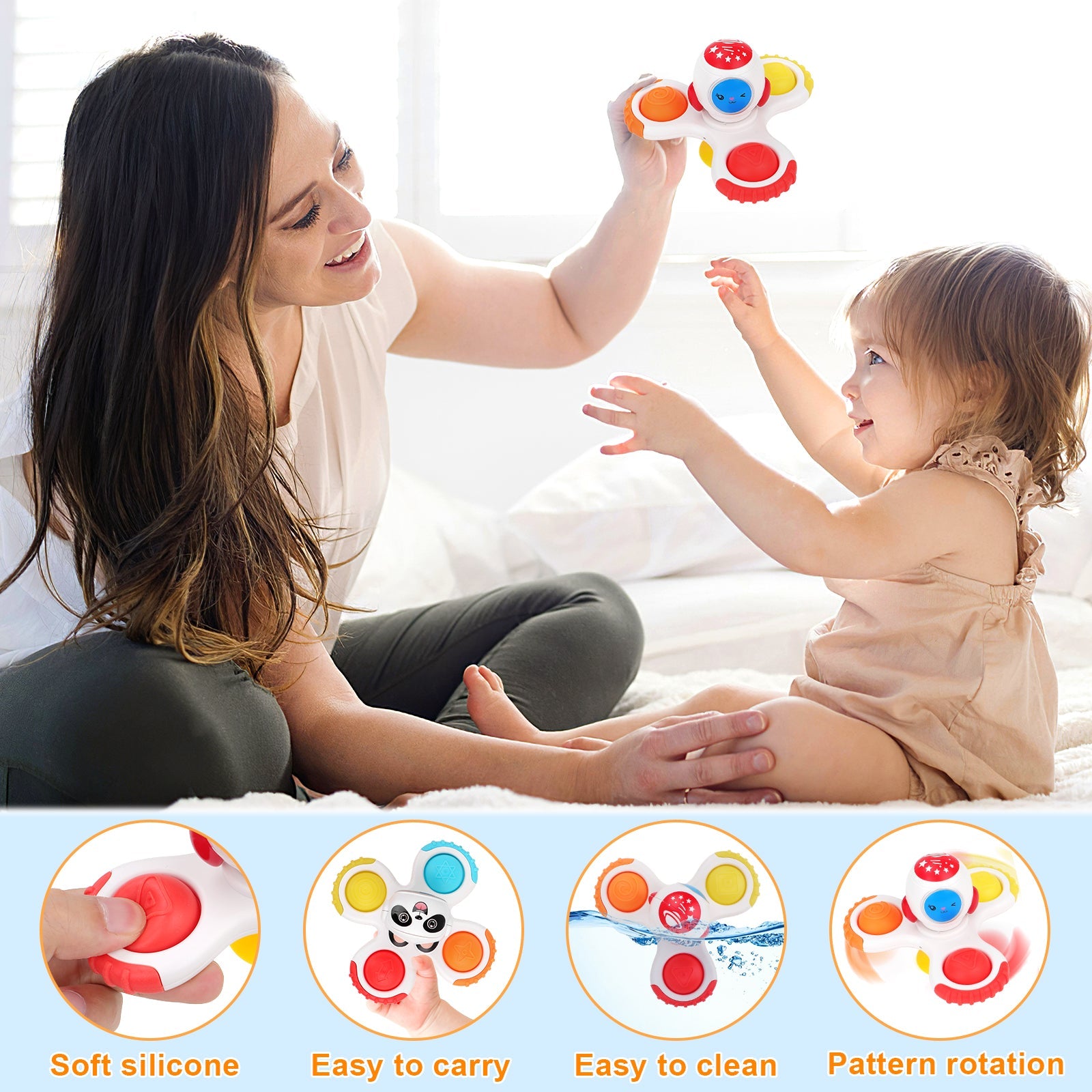 Juguetes de mano giratorios de 3 piezas con ventosa, juguetes Fidget Spinner para niños con ventosa, juguete sensorial interactivo Pop Up para bebé, juguete de baño