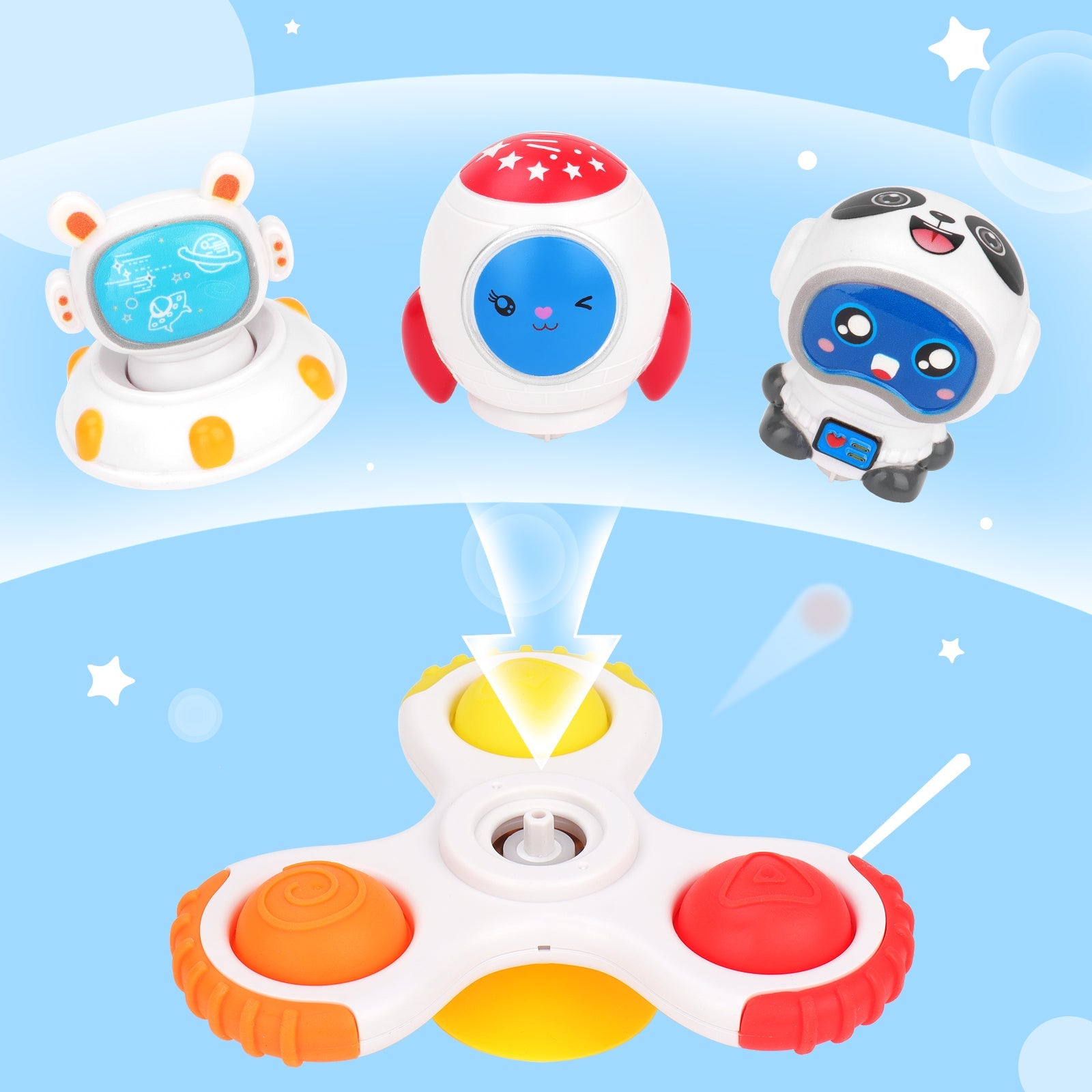 Juguetes de mano giratorios de 3 piezas con ventosa, juguetes Fidget Spinner para niños con ventosa, juguete sensorial interactivo Pop Up para bebé, juguete de baño