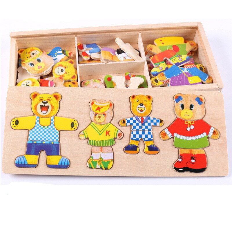 Fidtoy Wooden Dress-Up Bear Family for Toddlers – Creative Educational Toy with Outfits and Expressions