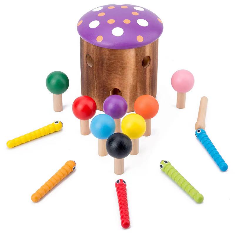 Jeu de pêche aux champignons et aux vers en bois - Jouets de motricité fine