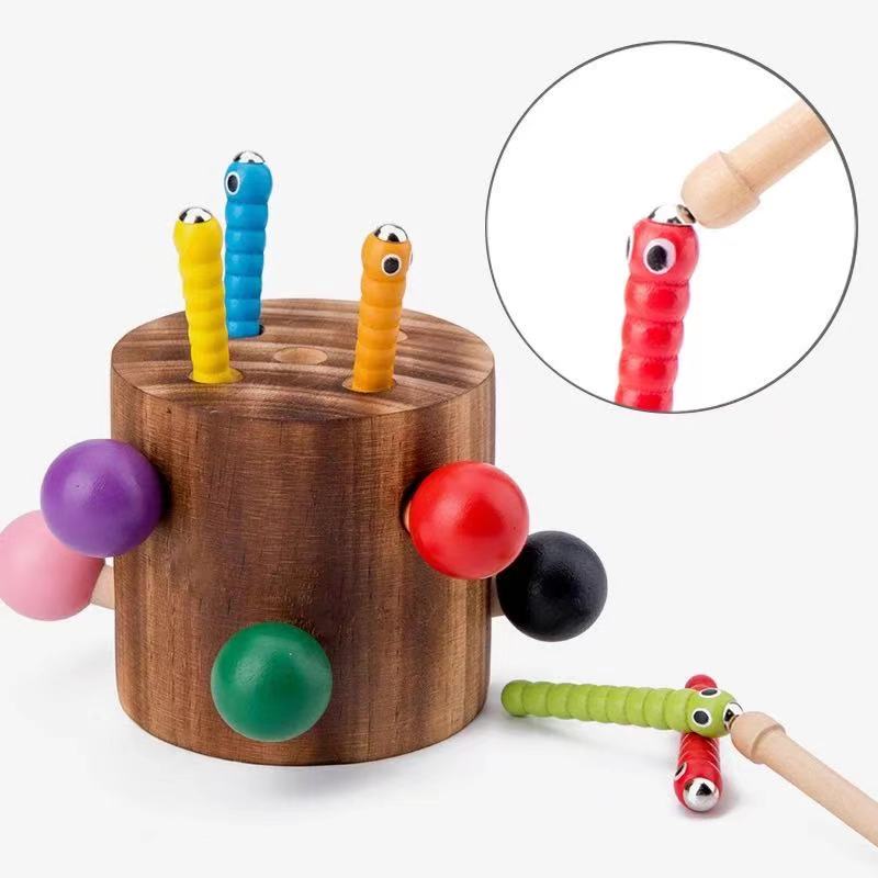 Jeu de pêche aux champignons et aux vers en bois - Jouets de motricité fine