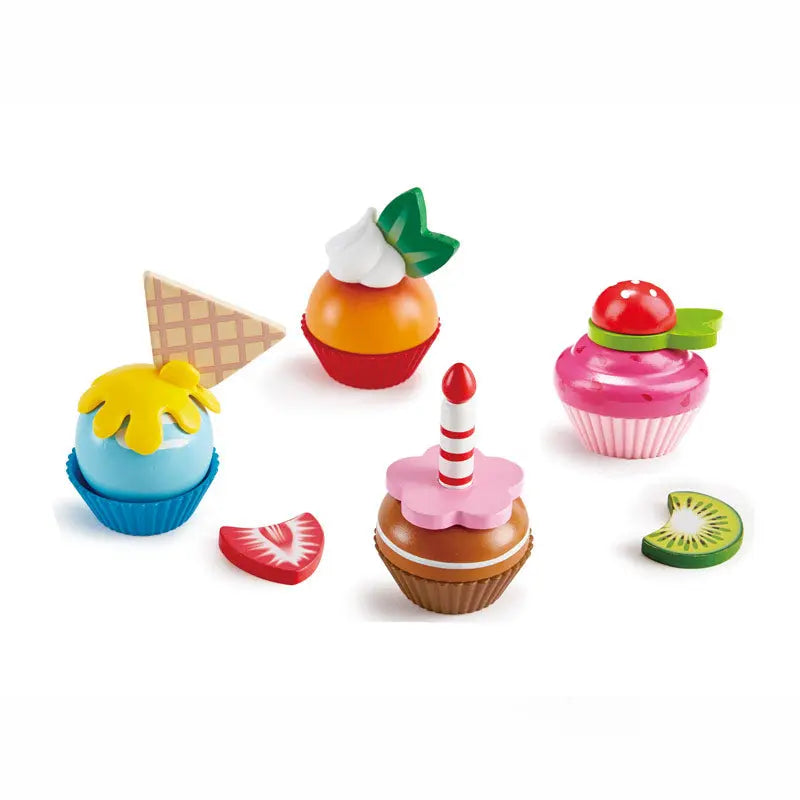 Fidtoy Ensemble de jouets en bois pour cupcakes 18 pièces, kit de dessert pour enfants, jeu d'imitation