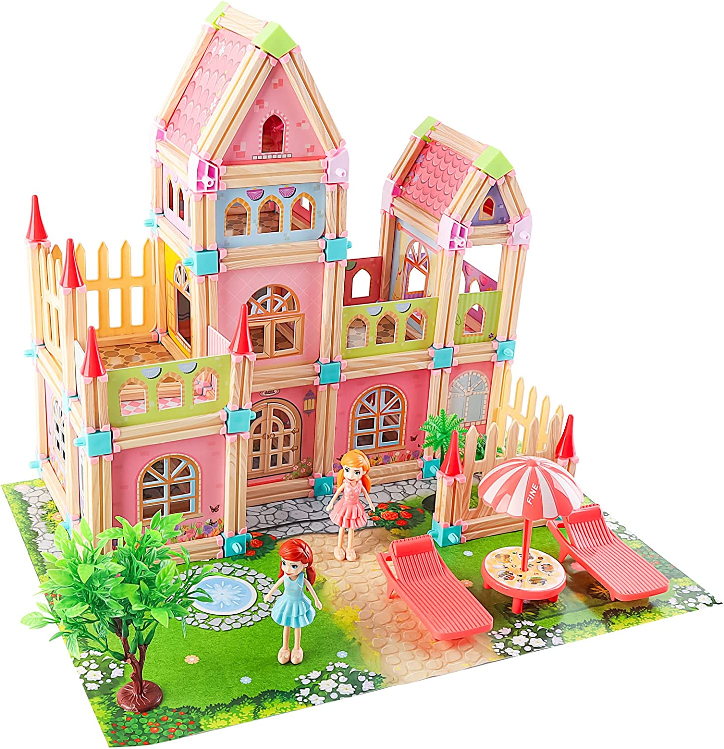 Casa de muñecas para niños, bloques de construcción DIY, casa de juegos de simulación tipo castillo, juego de accesorios con mapa y muñecas, casa de ensueño de princesa