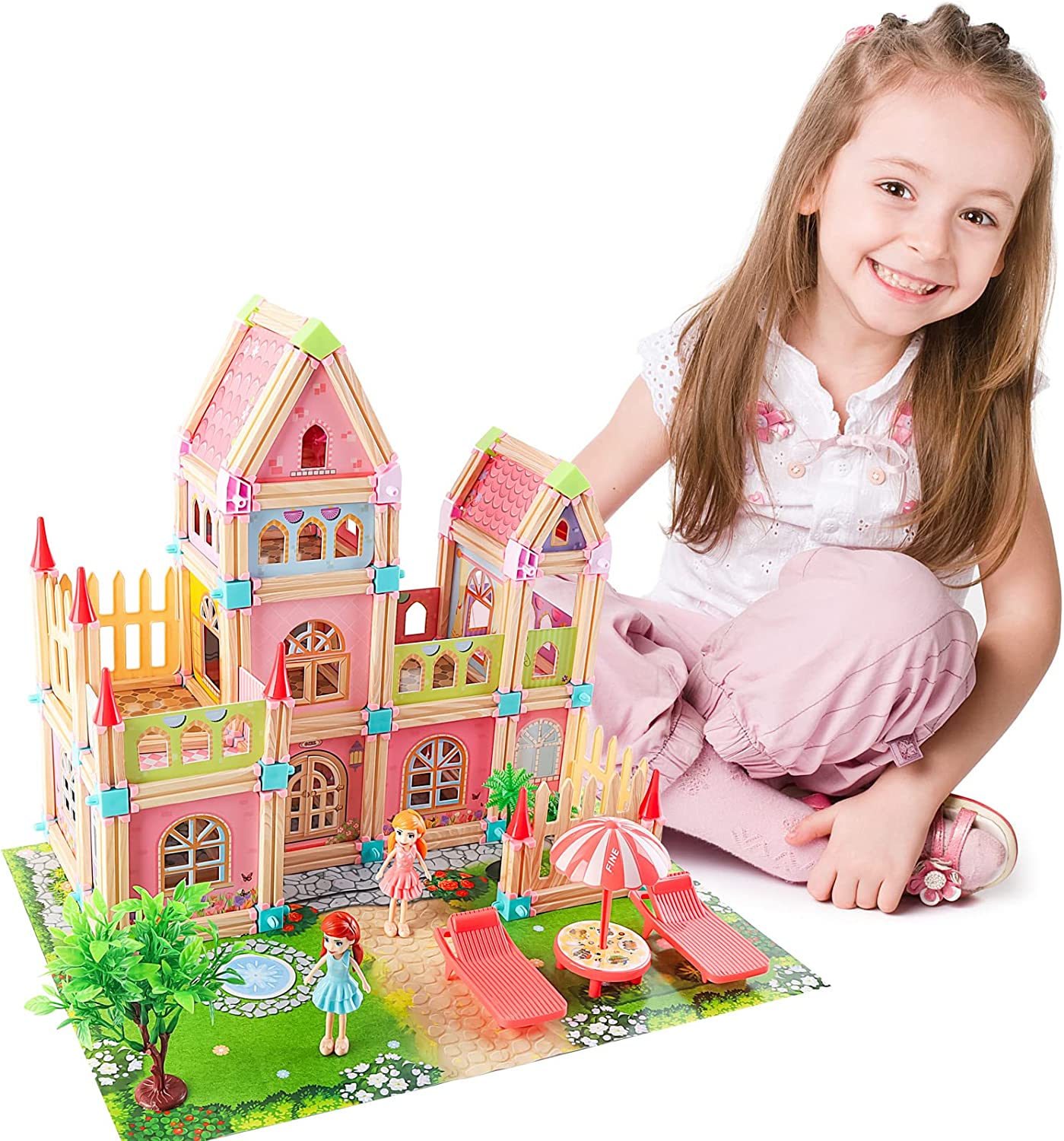 Casa de muñecas para niños, bloques de construcción DIY, casa de juegos de simulación tipo castillo, juego de accesorios con mapa y muñecas, casa de ensueño de princesa