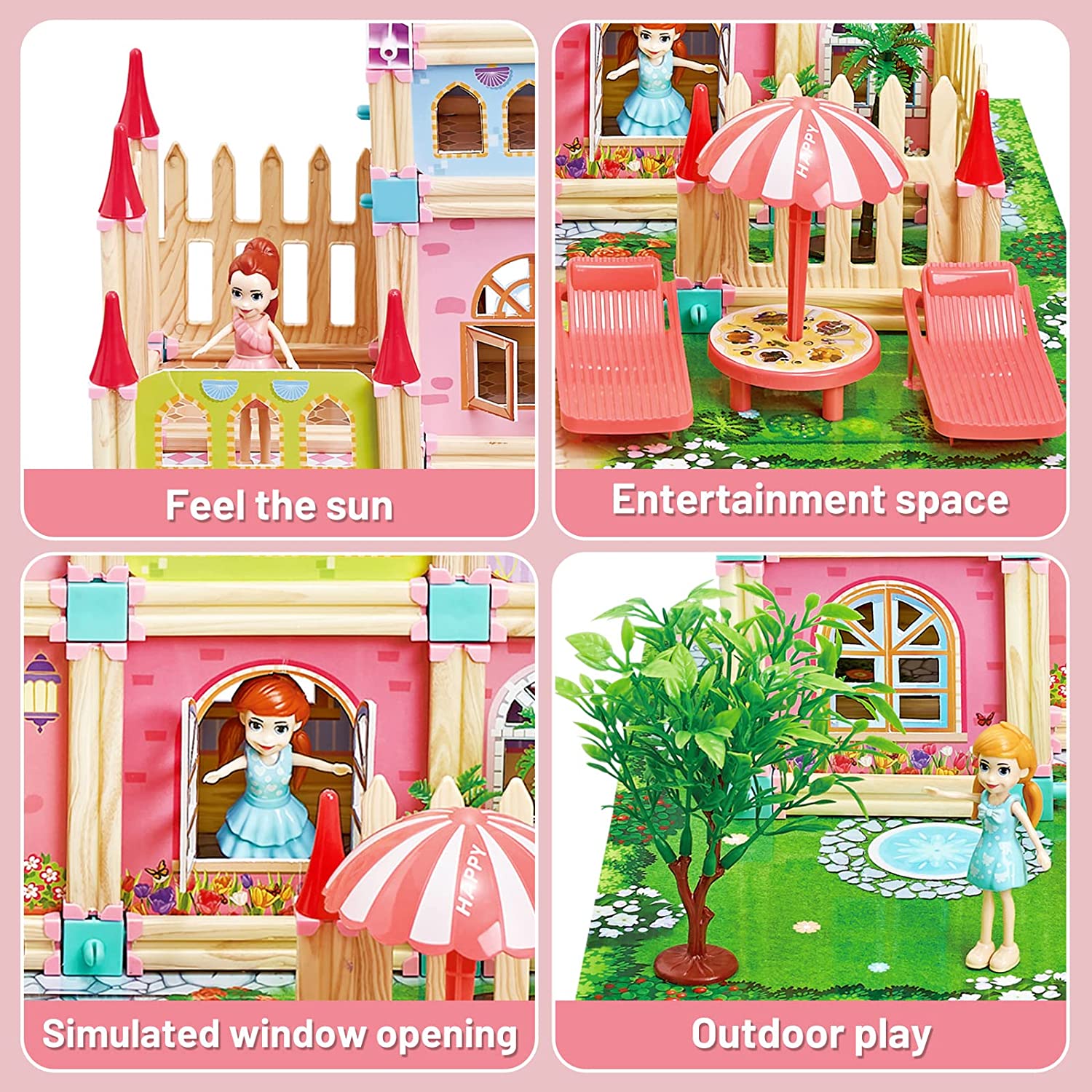 Casa de muñecas para niños, bloques de construcción DIY, casa de juegos de simulación tipo castillo, juego de accesorios con mapa y muñecas, casa de ensueño de princesa