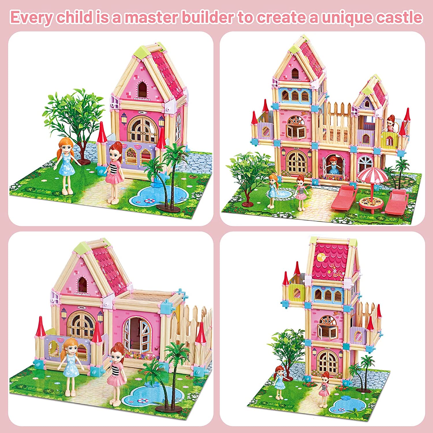 Casa de muñecas para niños, bloques de construcción DIY, casa de juegos de simulación tipo castillo, juego de accesorios con mapa y muñecas, casa de ensueño de princesa