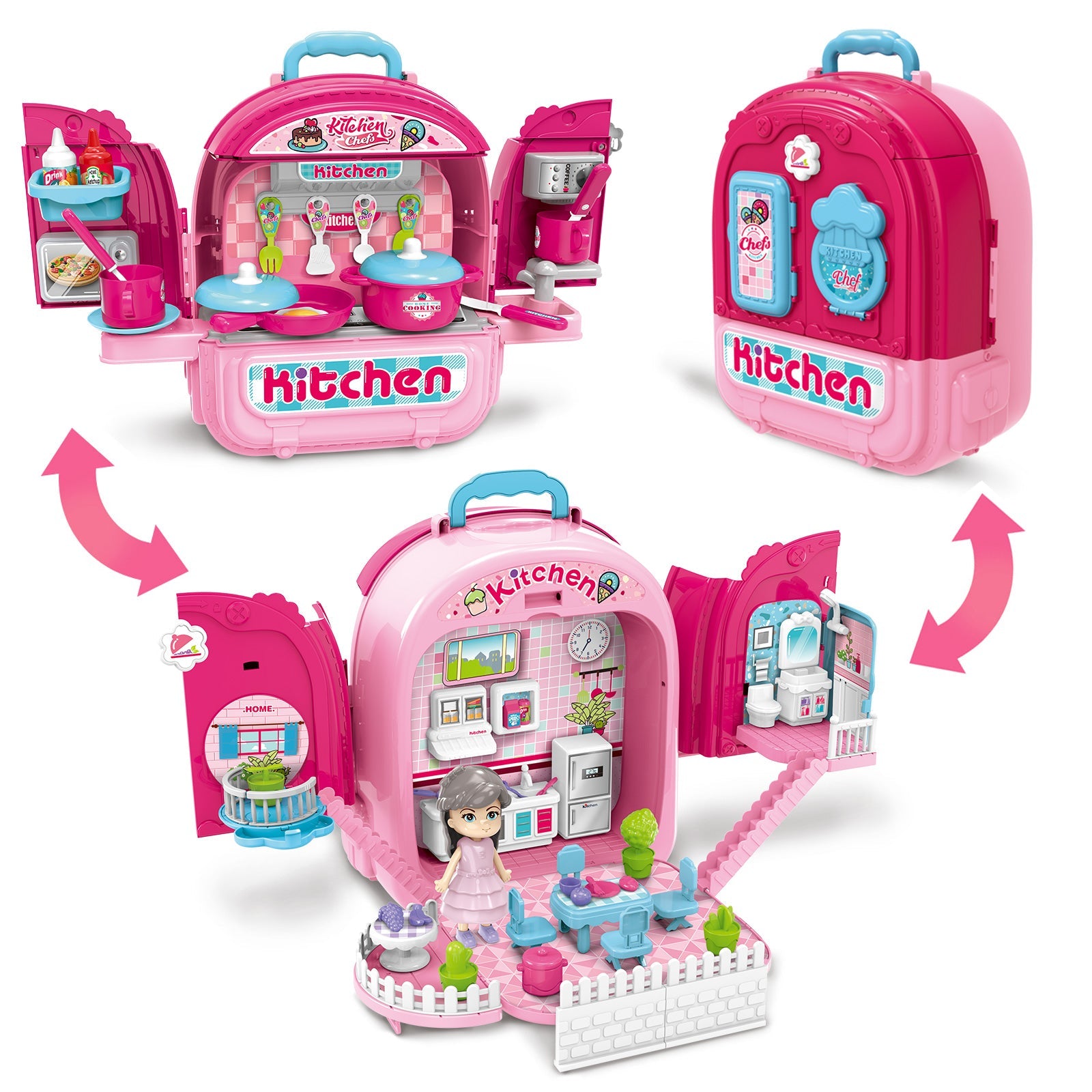 3-In-1 Pink Portable Doll House and Princess Beauty Table Play Set with Accessories Carry Case/Backpack Great Gift for Christmas Birthdays