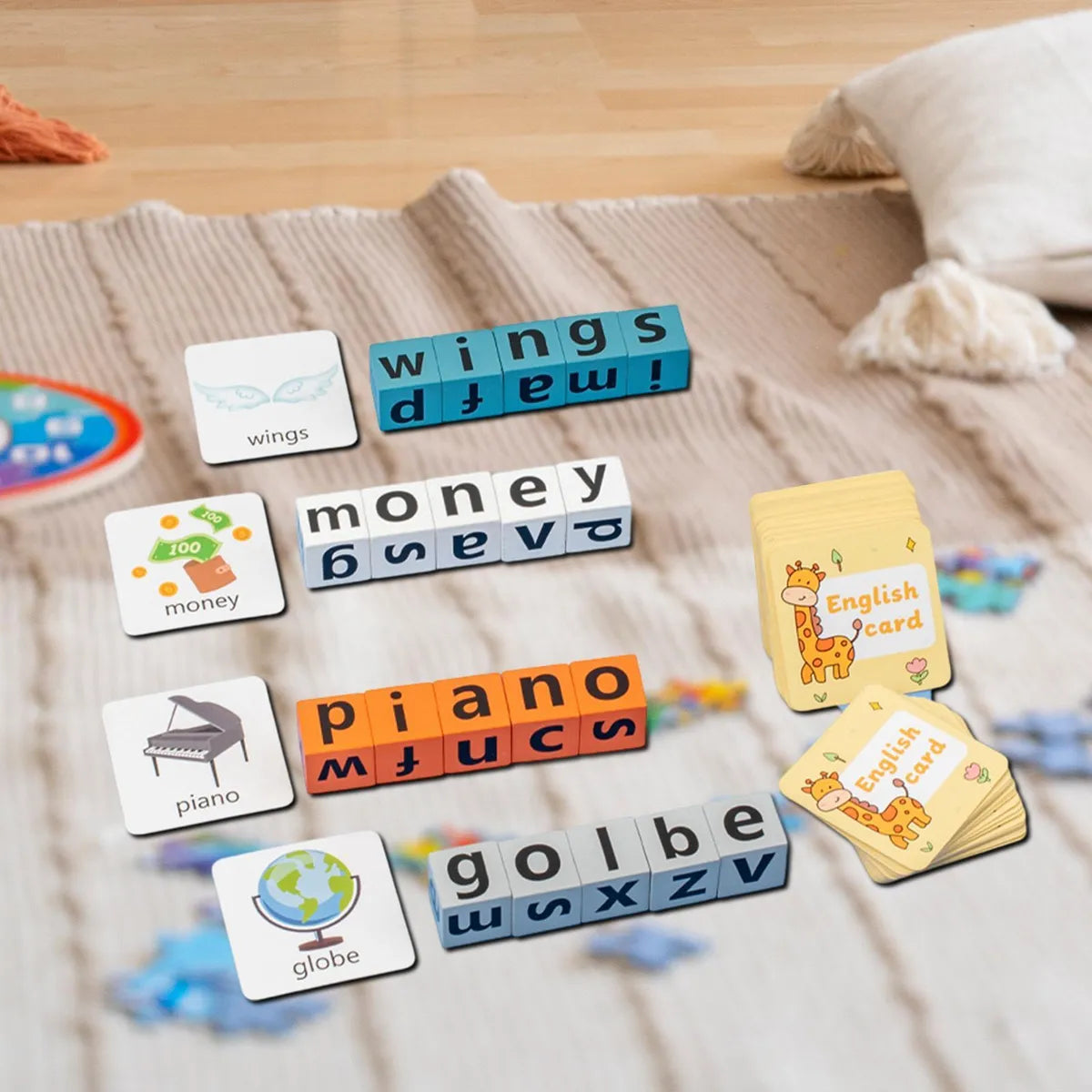 Jeu de blocs d'orthographe en bois Fidtoy avec buzzer, jeu de correspondance de lettres et de construction de mots pour 2 à 4 joueurs de 3 à 8 ans